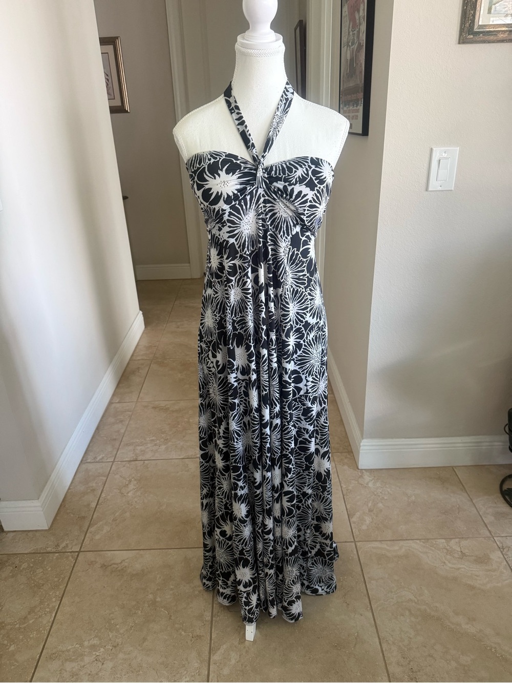 Like new knit Black and White Floral Halter Maxi Dress